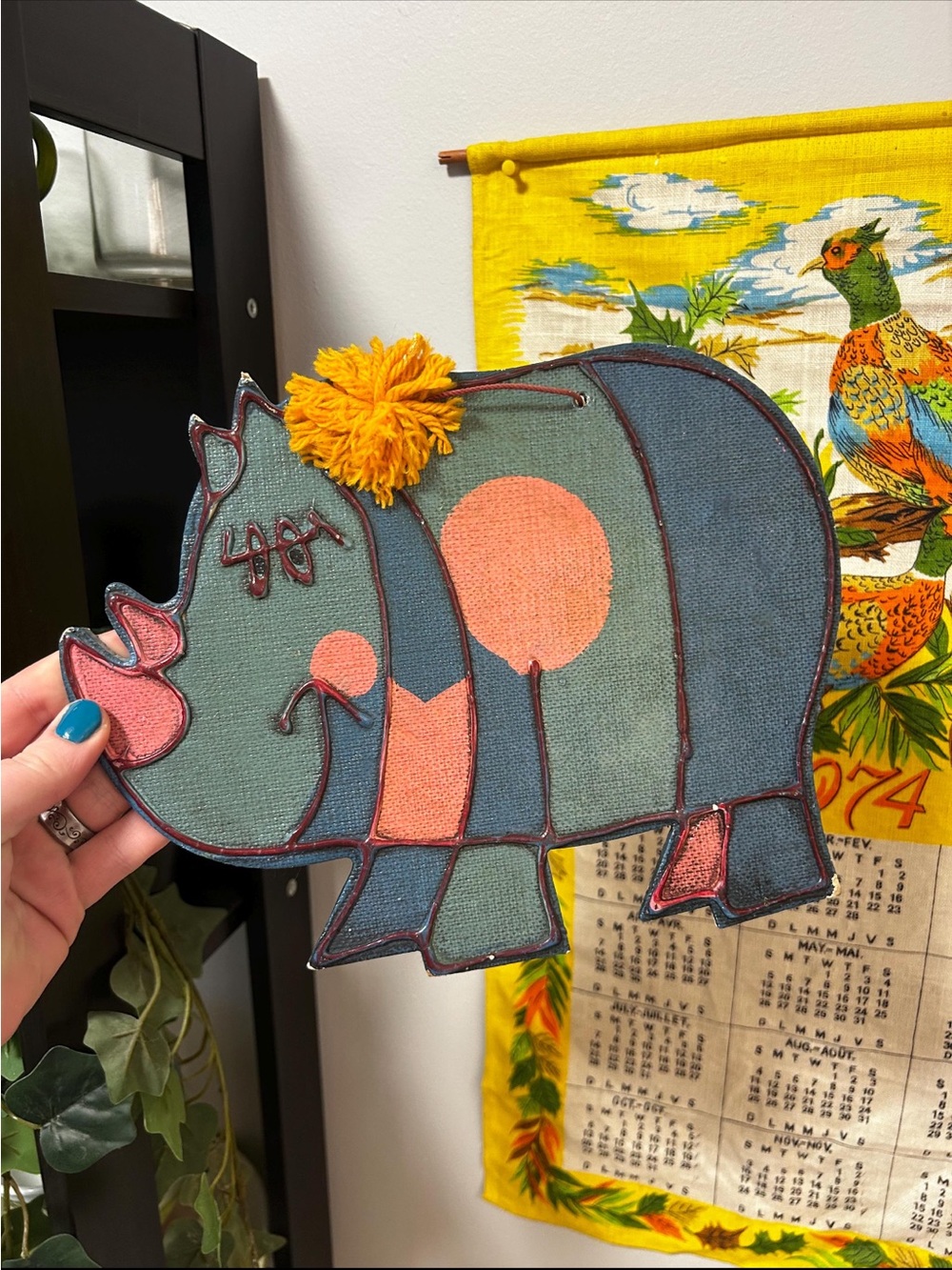 Vintage Whimsical Rhinoceros Wall Art - Teal & Coral